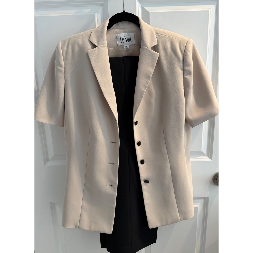 Le Suit Womens 12 Short Sleeve Blazer and Skirt Set Beige Black Professional